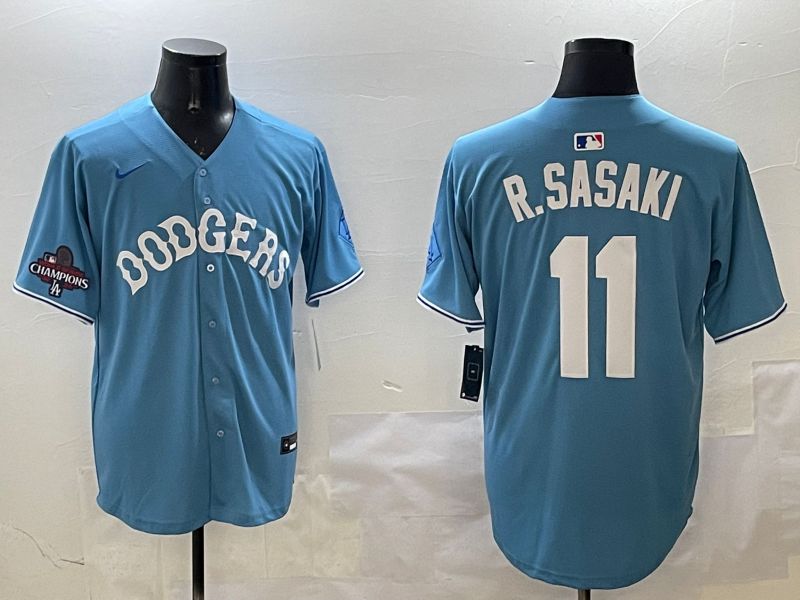 Men Los Angeles Dodgers #11 R.Sasaki Light Blue Joint Name 2025 Nike MLB Jersey style 2